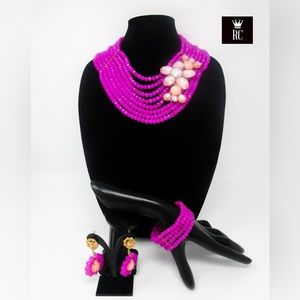 Hand Made Bright Pink Multi-strand Beaded Jewelry Set